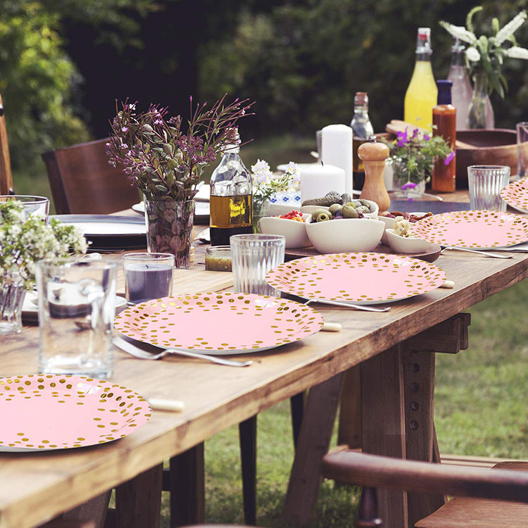 Nicro Oem Custom Print Elegant Eco Dinner Pink And Gold Dot Paper Plate