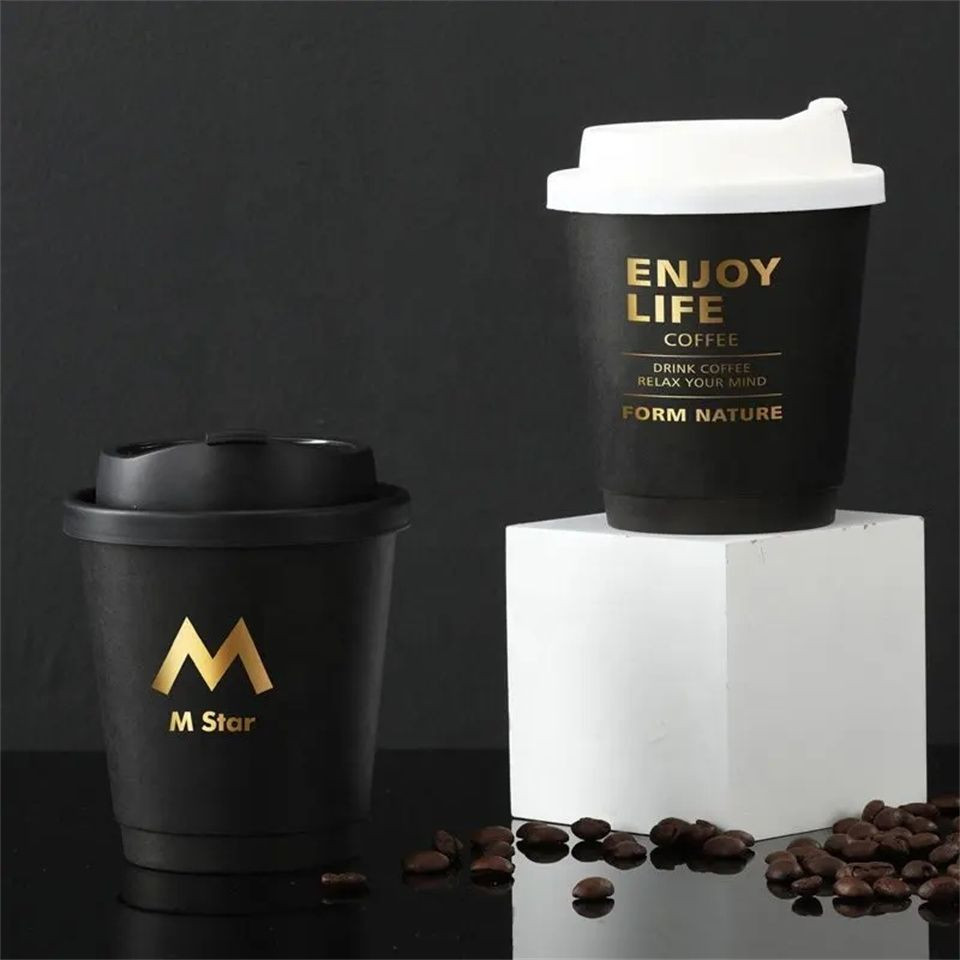 Cafe desechables 8oz hot foil black printed double wall hot drink paper coffee cups with lid