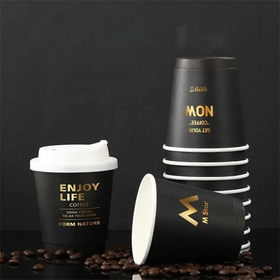 Cafe desechables 8oz hot foil black printed double wall hot drink paper coffee cups with lid